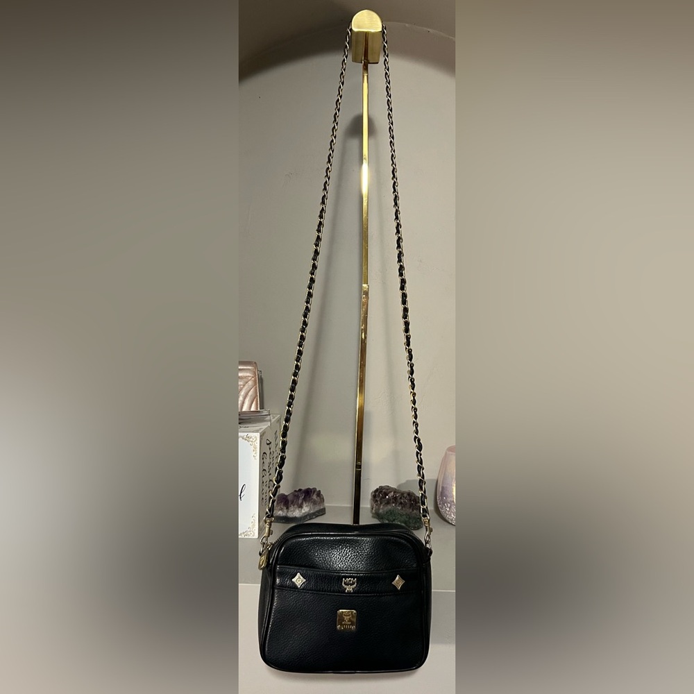 EUC vintage MCM black leather crossbody camera bag